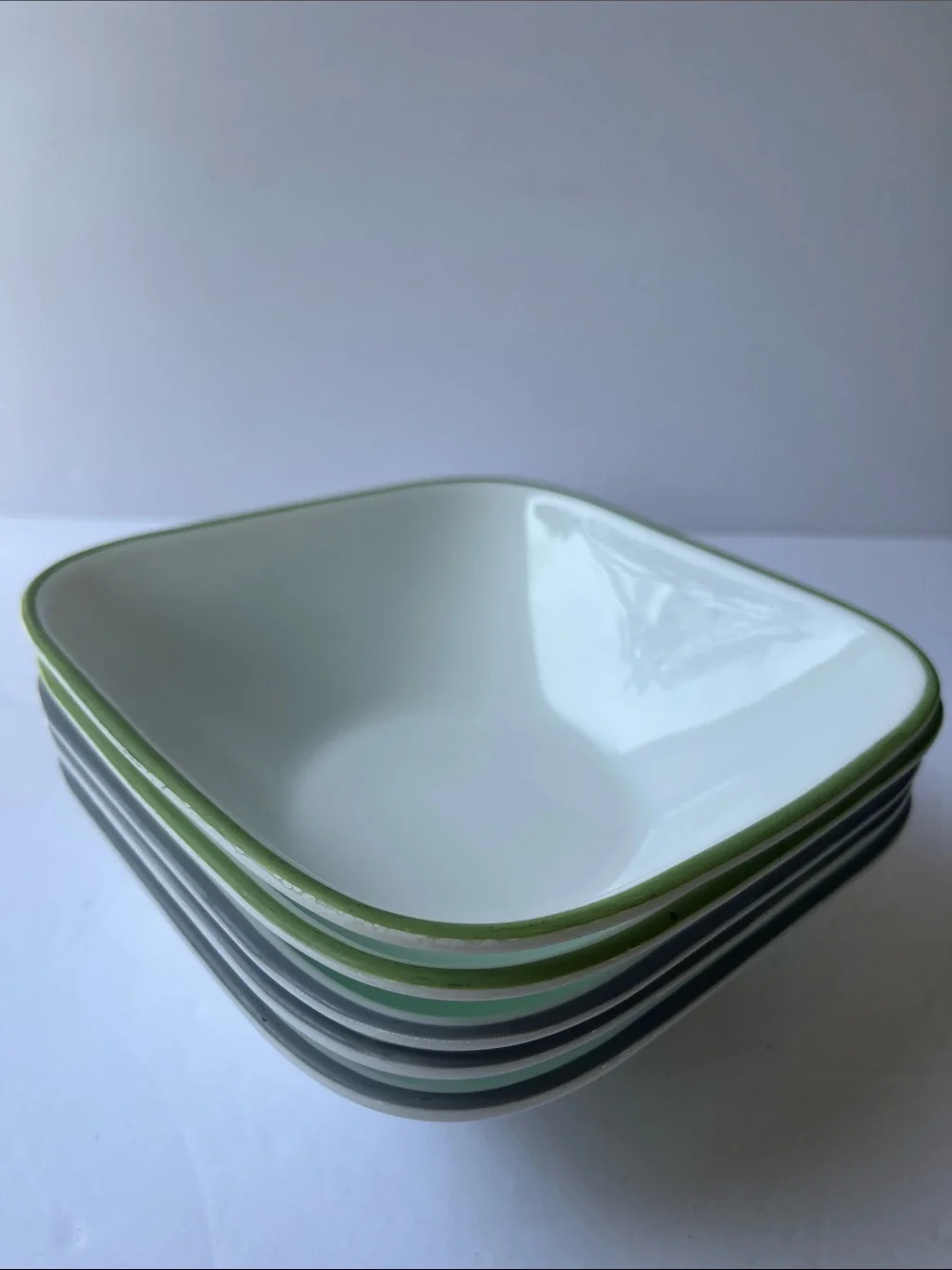 Corelle 5 Square White Soup Cereal Bowls - Made in USA 3 gray 2 green rim